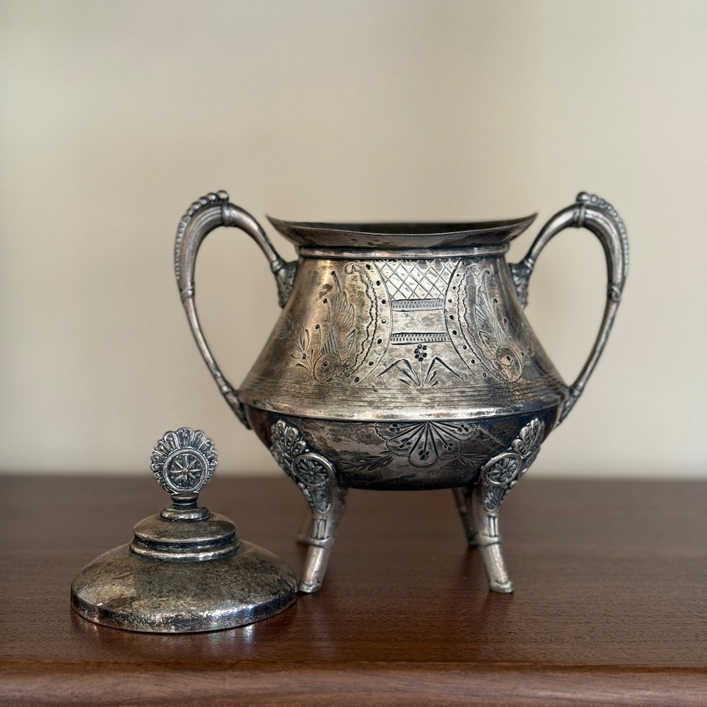 Antique H Schade New York Triple Plate Silver Footed Sugar Bowl Etched 103 - Picture 2 of 8